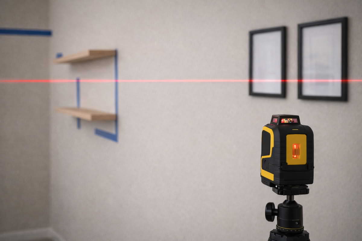 A laser level projecting a horizontal line across a wall for shelf and frame layout in a home interior