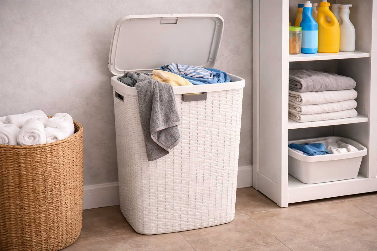 Laundry hamper sized for a household laundry routine with enough room for clothing but not overflowing
