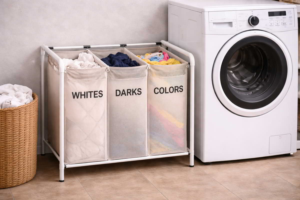 Laundry hamper system with divided compartments and enough room beside a washer for everyday use