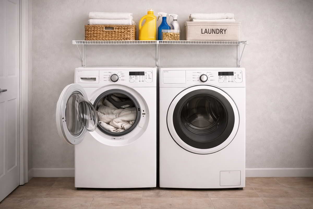 Laundry shelving installed above a washer and dryer with enough clearance for appliance use and daily supplies