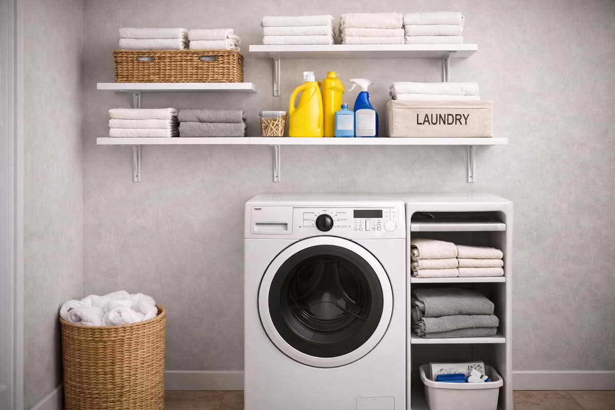 Laundry shelving with baskets, detergent, and towels arranged by reach zone above and beside a washer