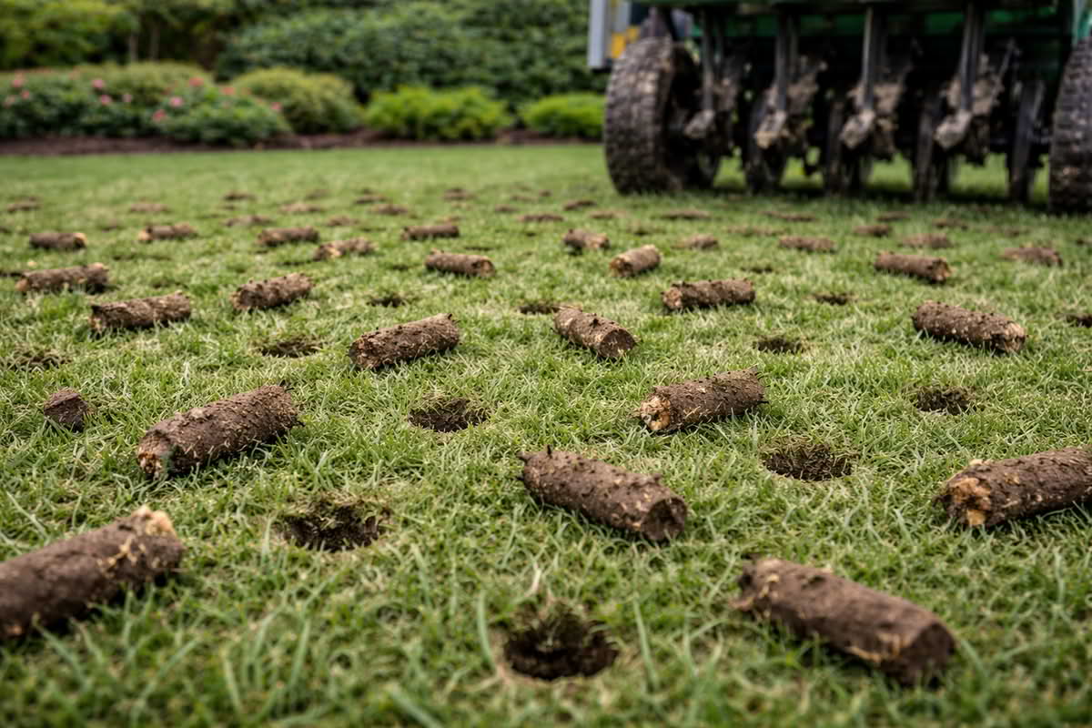 lawn aeration showing core plugs removed from soil