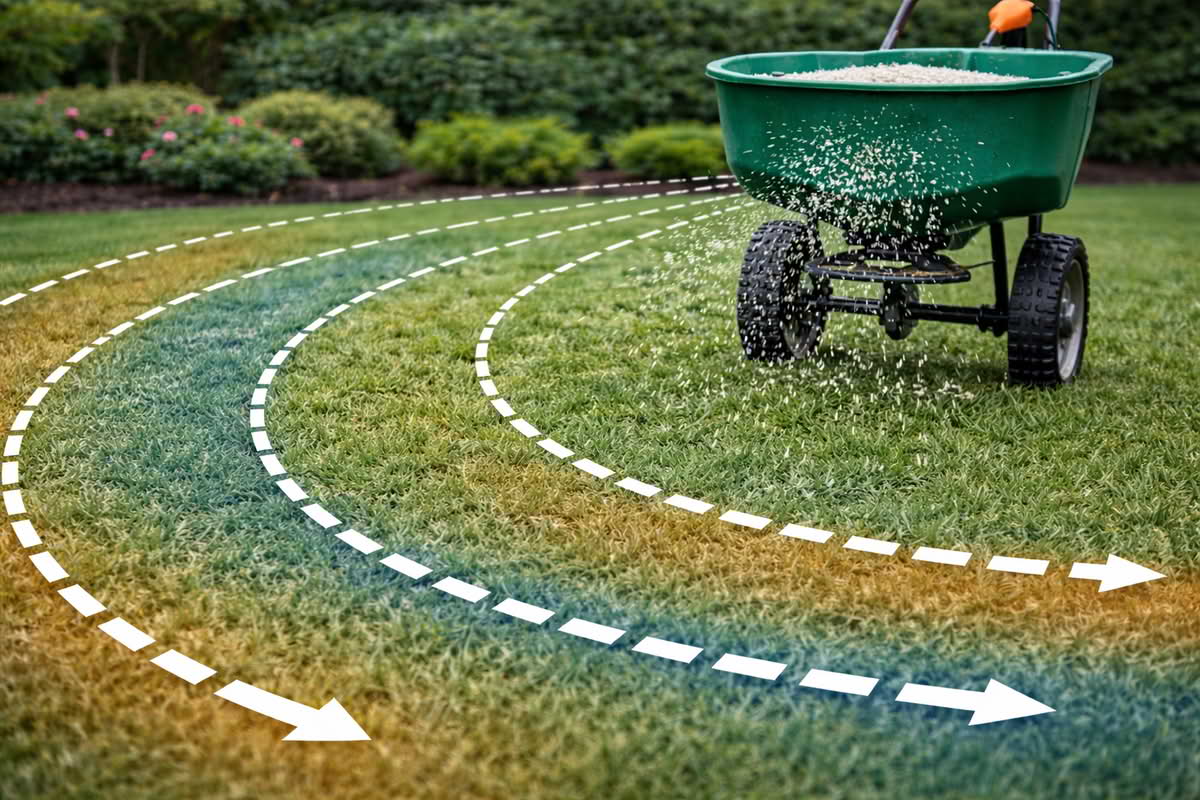 lawn fertilizer being applied evenly with a granular spreader