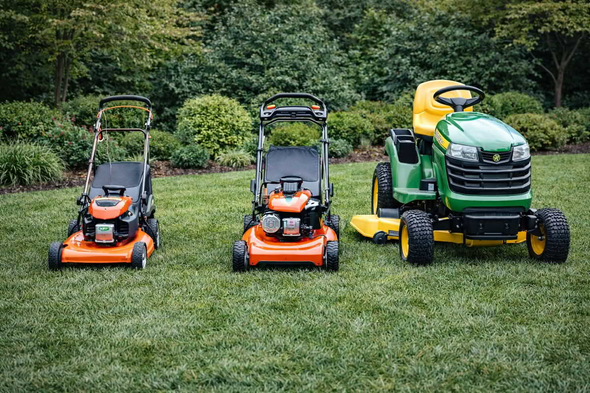 different types of residential lawn mowers including push, self propelled, and riding mowers