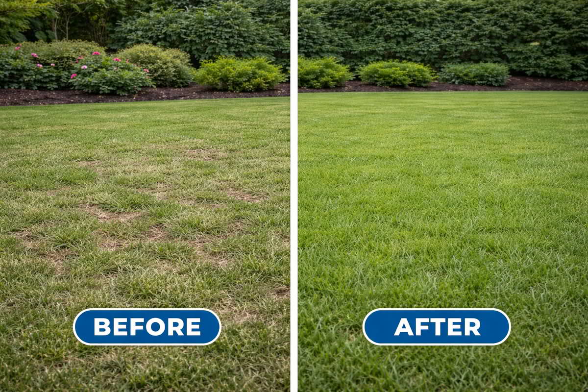 comparison showing thin lawn before overseeding and dense lawn after overseeding