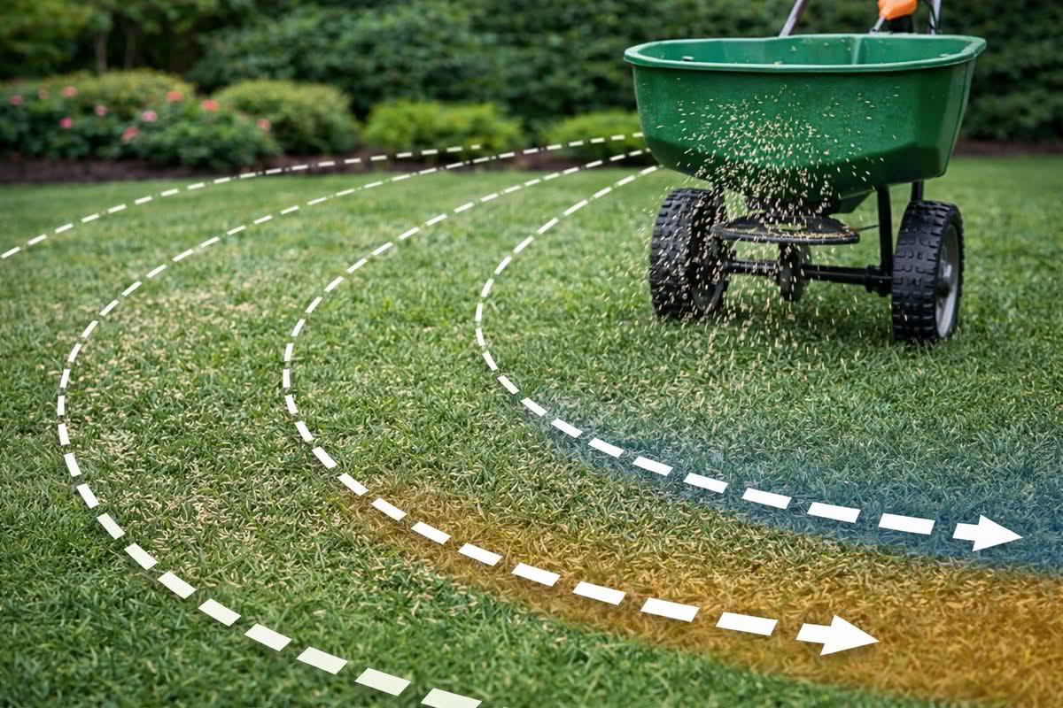lawn seed spreader applying grass seed in overlapping pattern