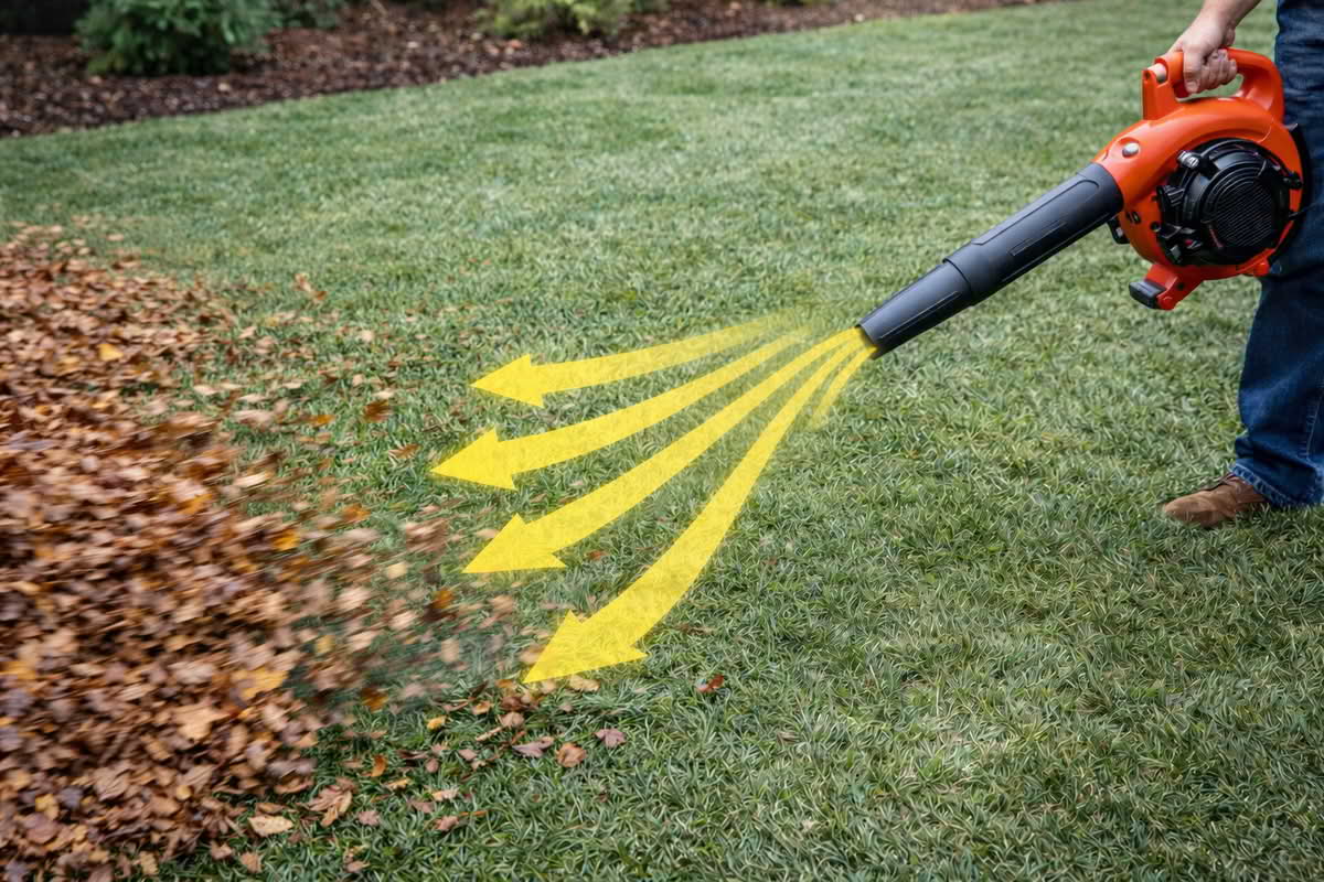 leaf blower moving a pile of leaves across a lawn with directed airflow