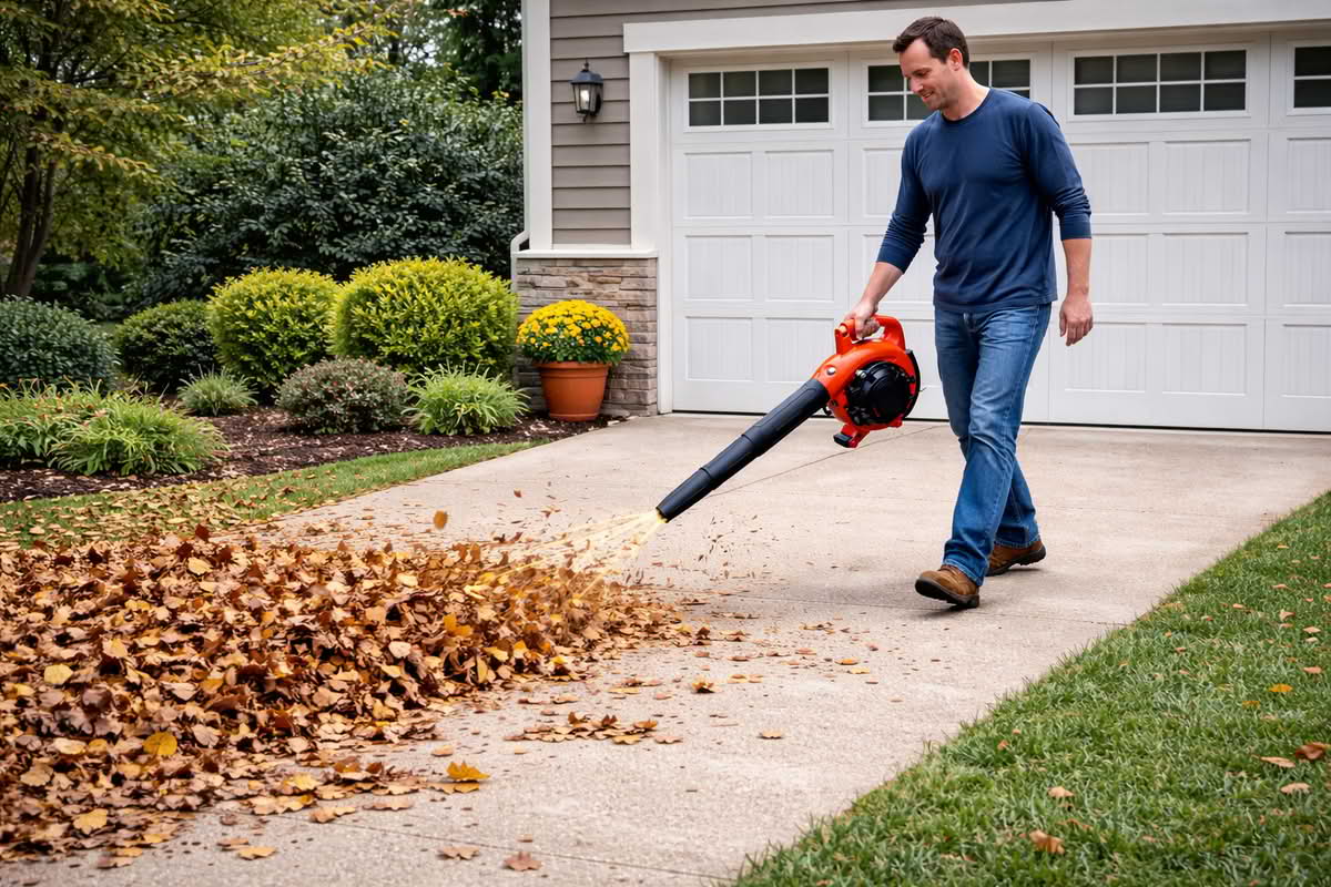 homeowner using leaf blower to clear leaves from driveway