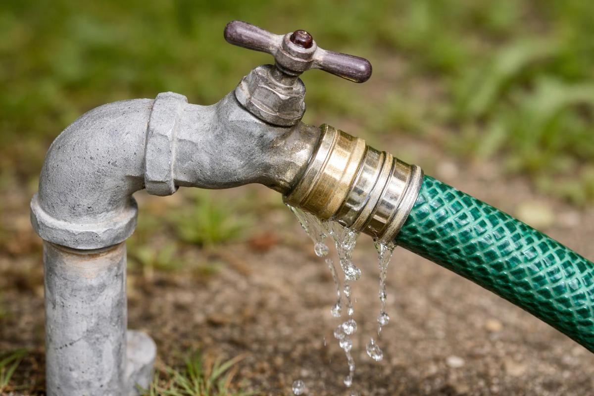 Outdoor metal faucet with brass garden hose fitting leaking water at the connection point
