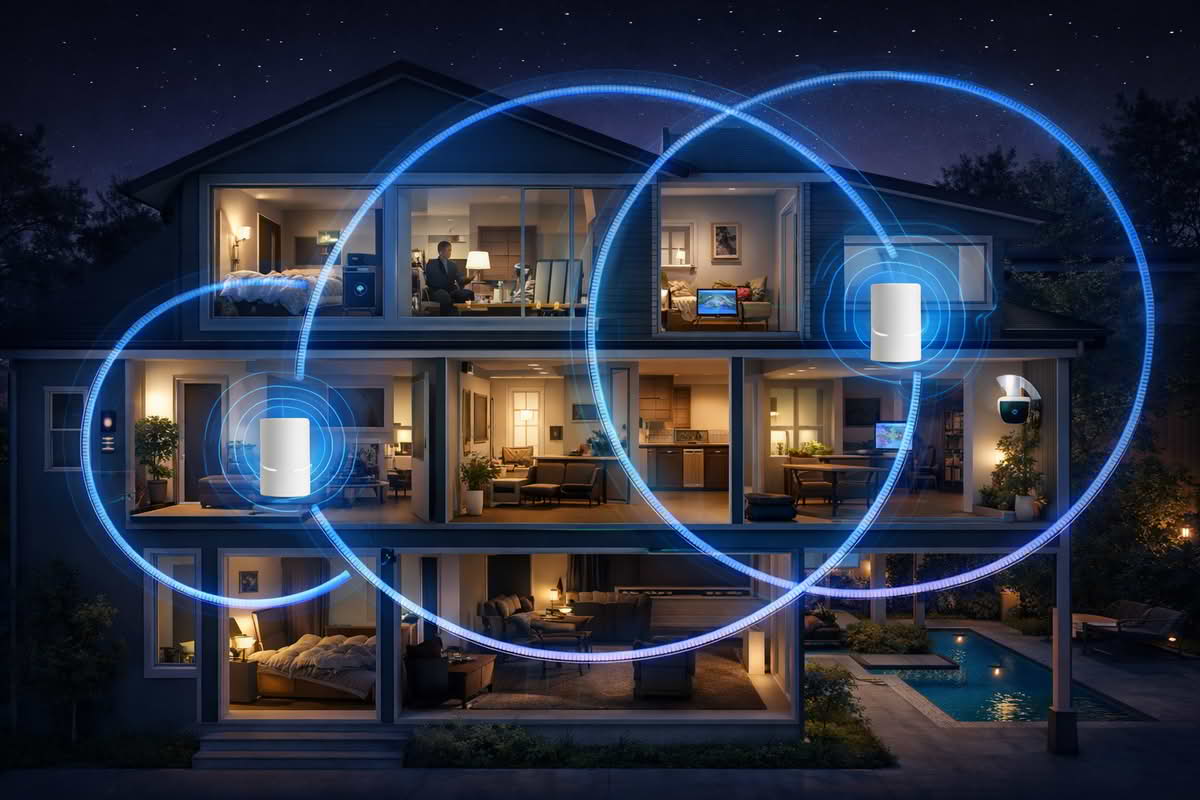 Mesh Wi-Fi nodes placed across a two-story home to improve signal in distant rooms and smart-home device zones