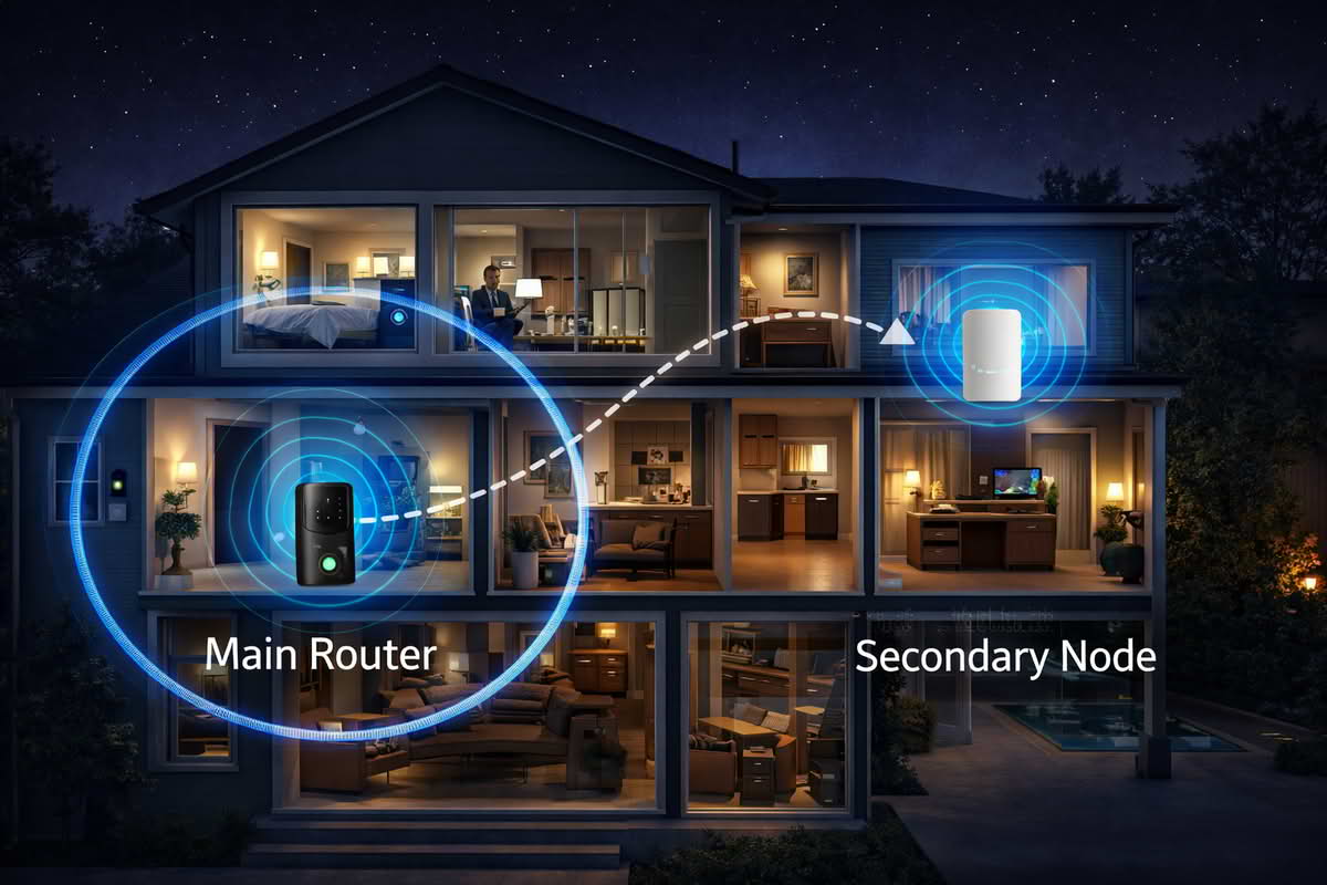 Mesh Wi-Fi node placement strategy showing main router, secondary node, and signal path through a home