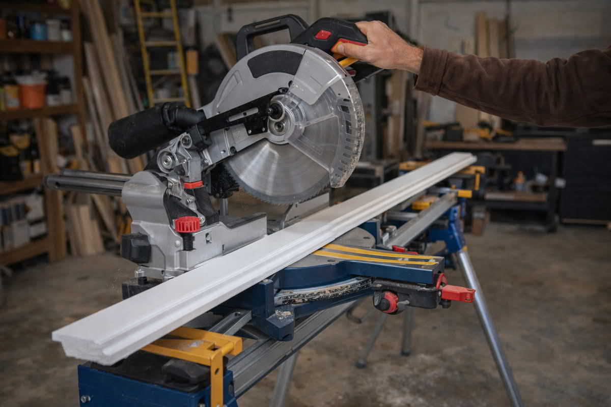 A miter saw set up in a garage workspace cutting trim boards on a support stand for a home project