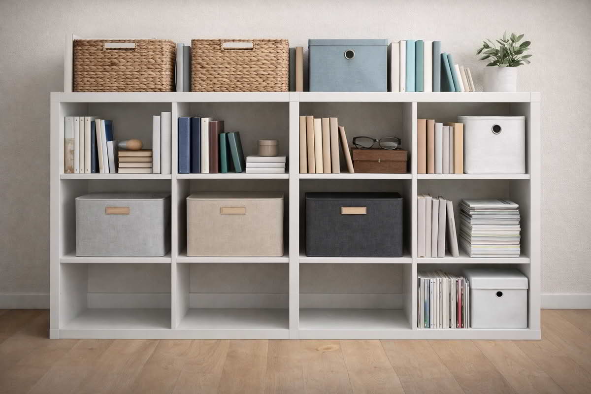 Modular shelving arranged with baskets, books, and storage bins in a balanced home organization setup