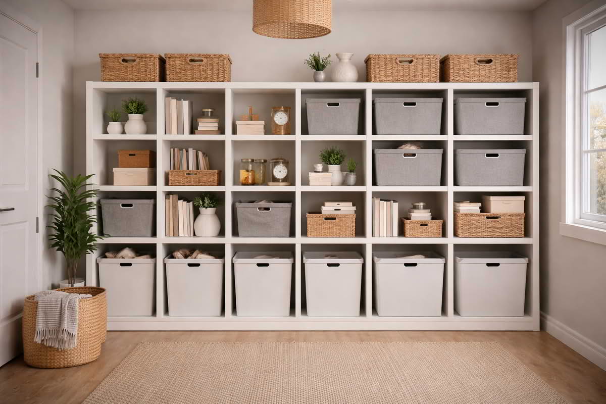 Modular storage shelving fitted to a wall with mixed open shelves and bin compartments in a small room