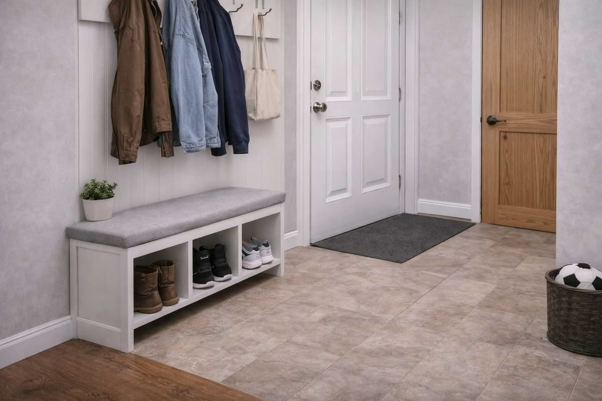 Mudroom bench placed along an entry wall with clear walkway space and room for changing shoes
