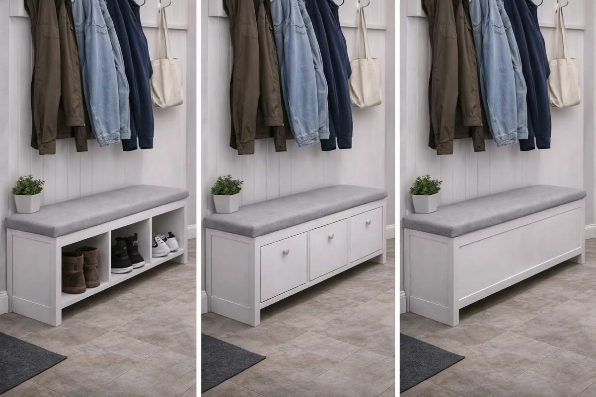 Mudroom bench showing open shoe cubbies, closed storage, and a clean seating surface in an entry zone