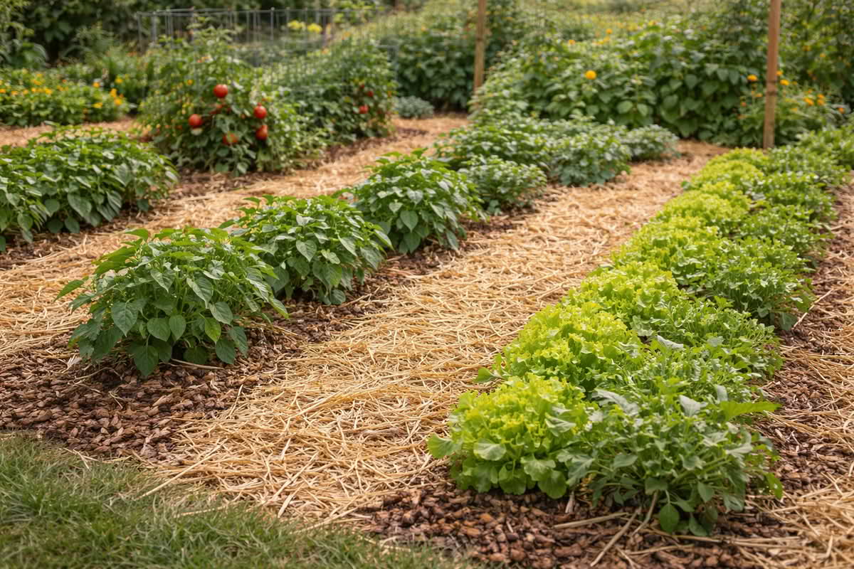 vegetable garden rows covered with straw mulch between plants