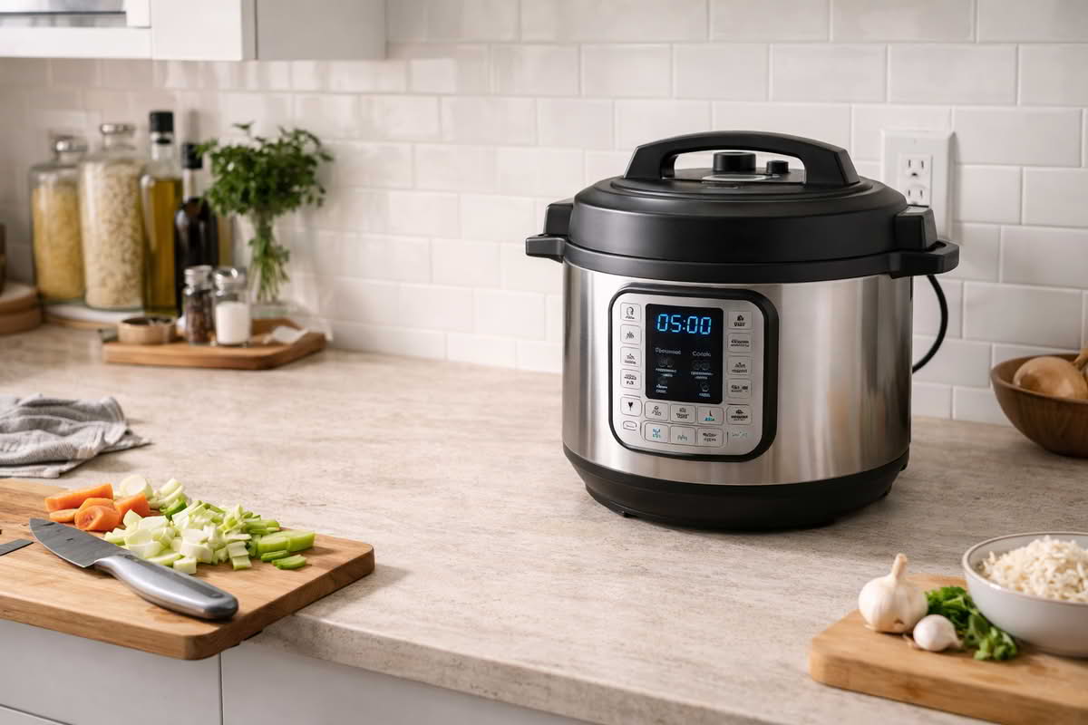 A multi-cooker on a real kitchen counter with limited prep space nearby, showing how appliance size affects countertop workflow and everyday usability