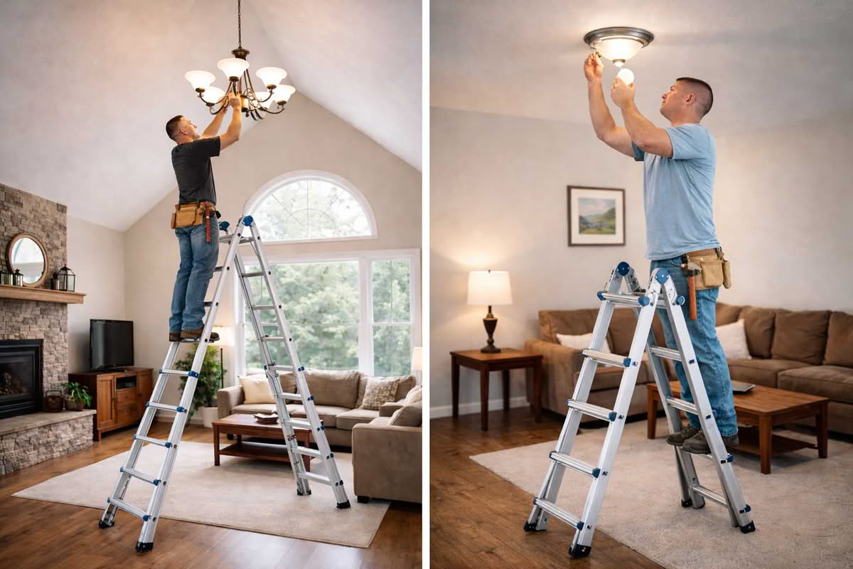 Split-panel photo of a homeowner using a multi-position ladder for two indoor lighting tasks