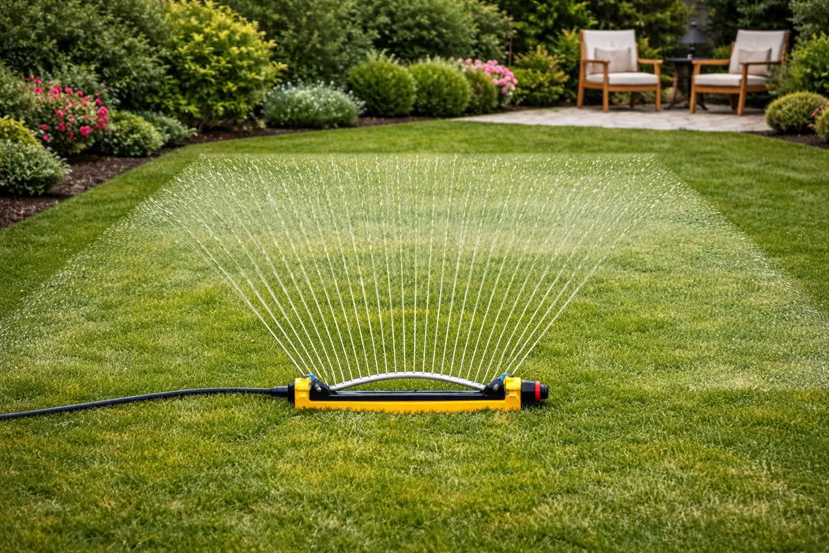 oscillating sprinkler watering a rectangular lawn pattern