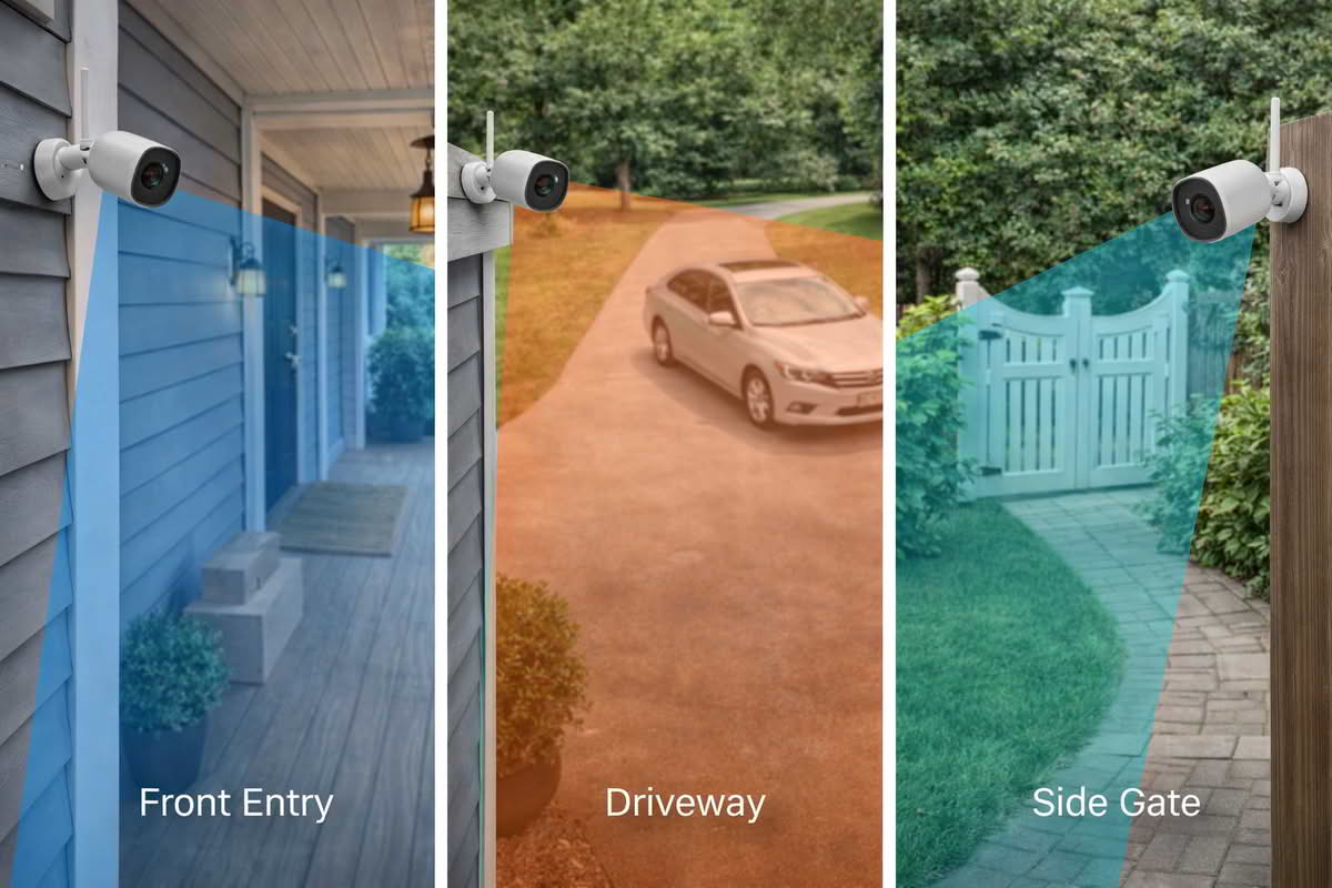Outdoor security camera coverage zones at a front entry, driveway, and side gate