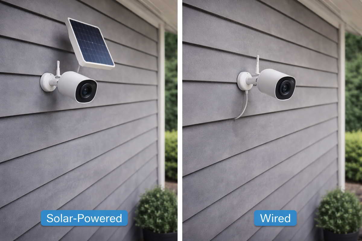 Comparison of battery-powered and wired outdoor security camera setups on a home exterior
