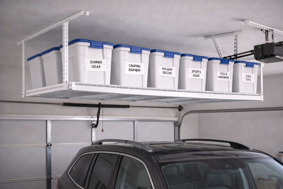 Overhead garage storage rack holding labeled plastic totes with evenly spaced load distribution