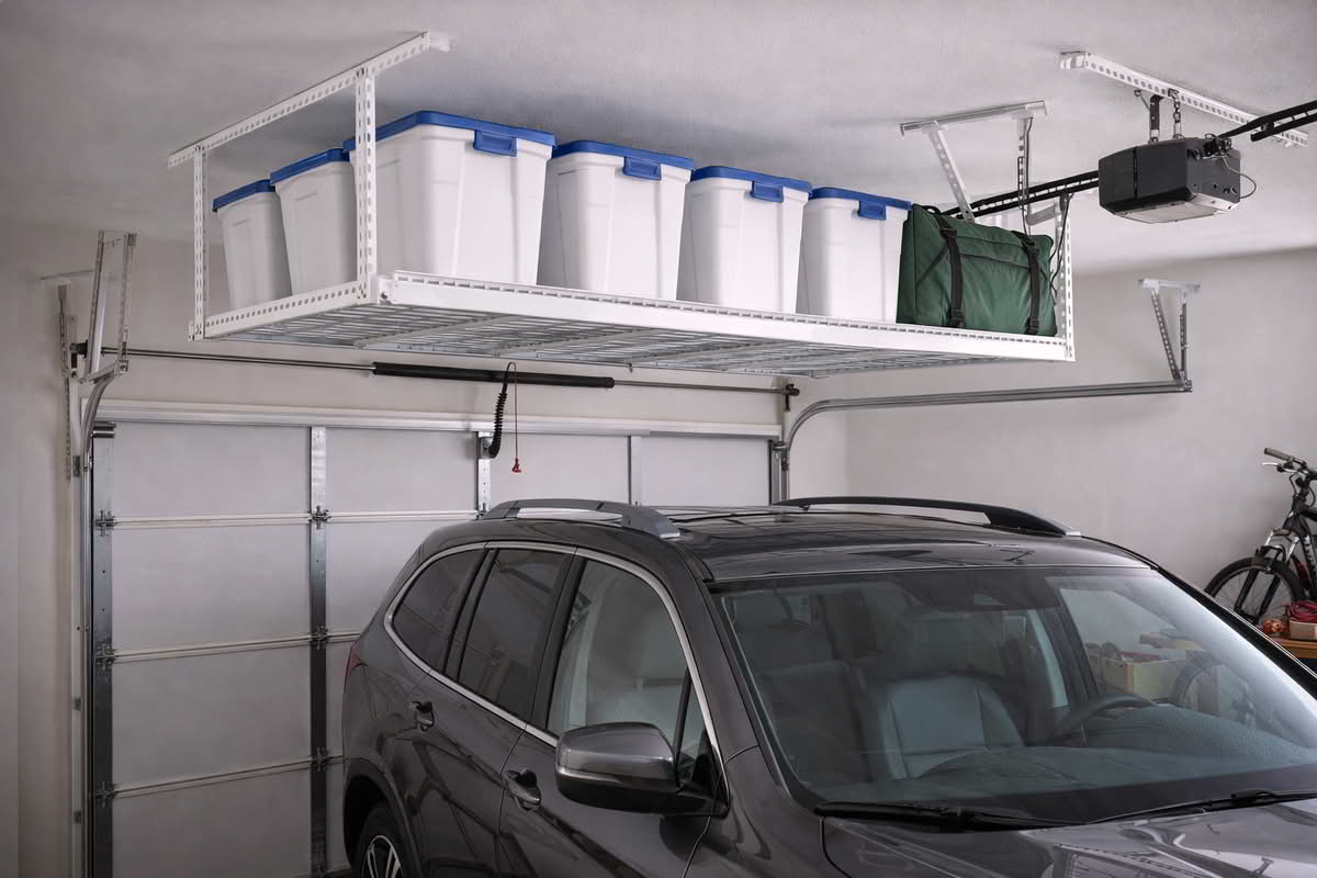 Ceiling-mounted garage storage rack installed with clear space above a vehicle and around door tracks