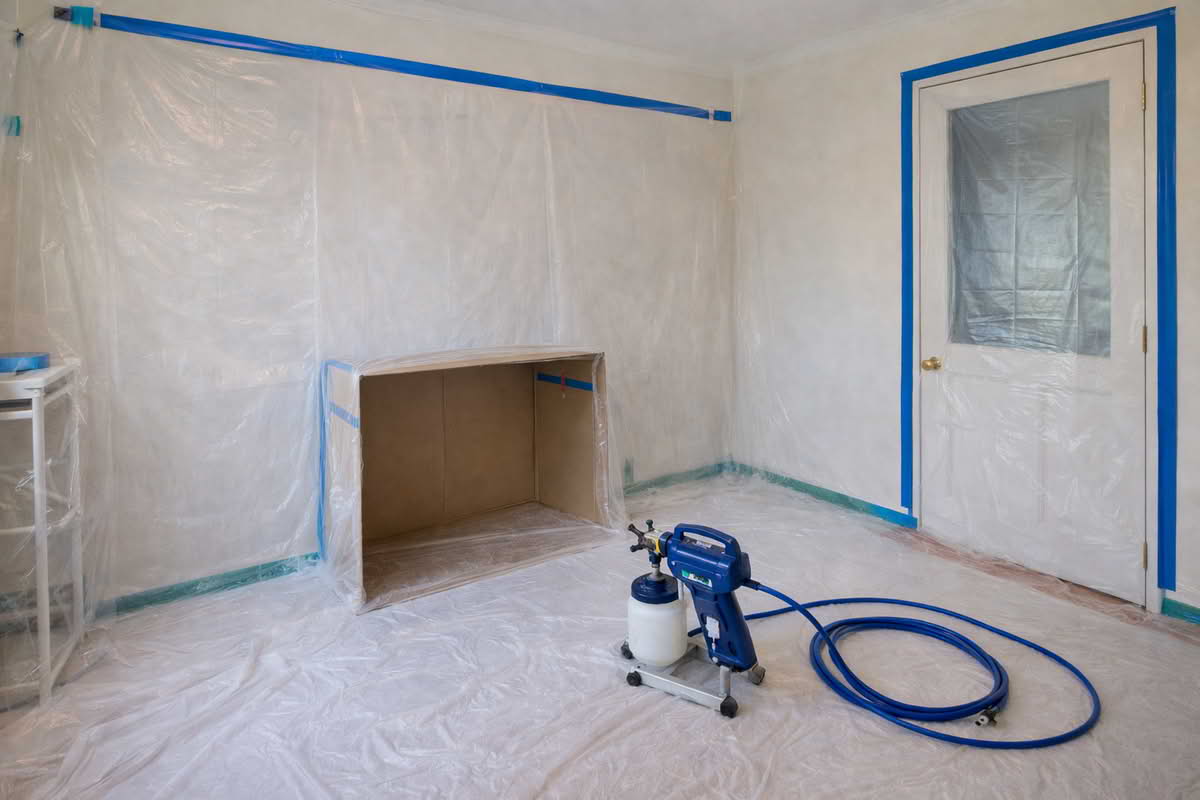 Paint sprayer setup area with masked surfaces and a work zone prepared for overspray control