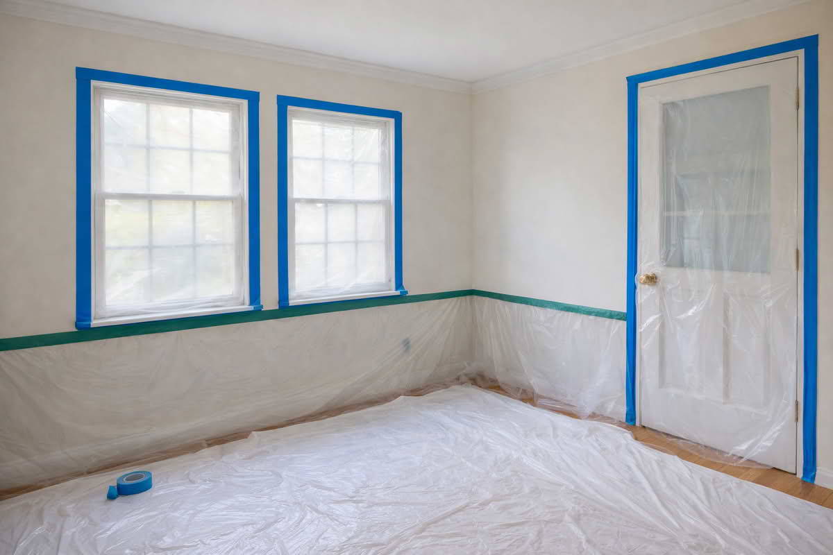 Room edges and windows masked with painter's tape and protective film before painting