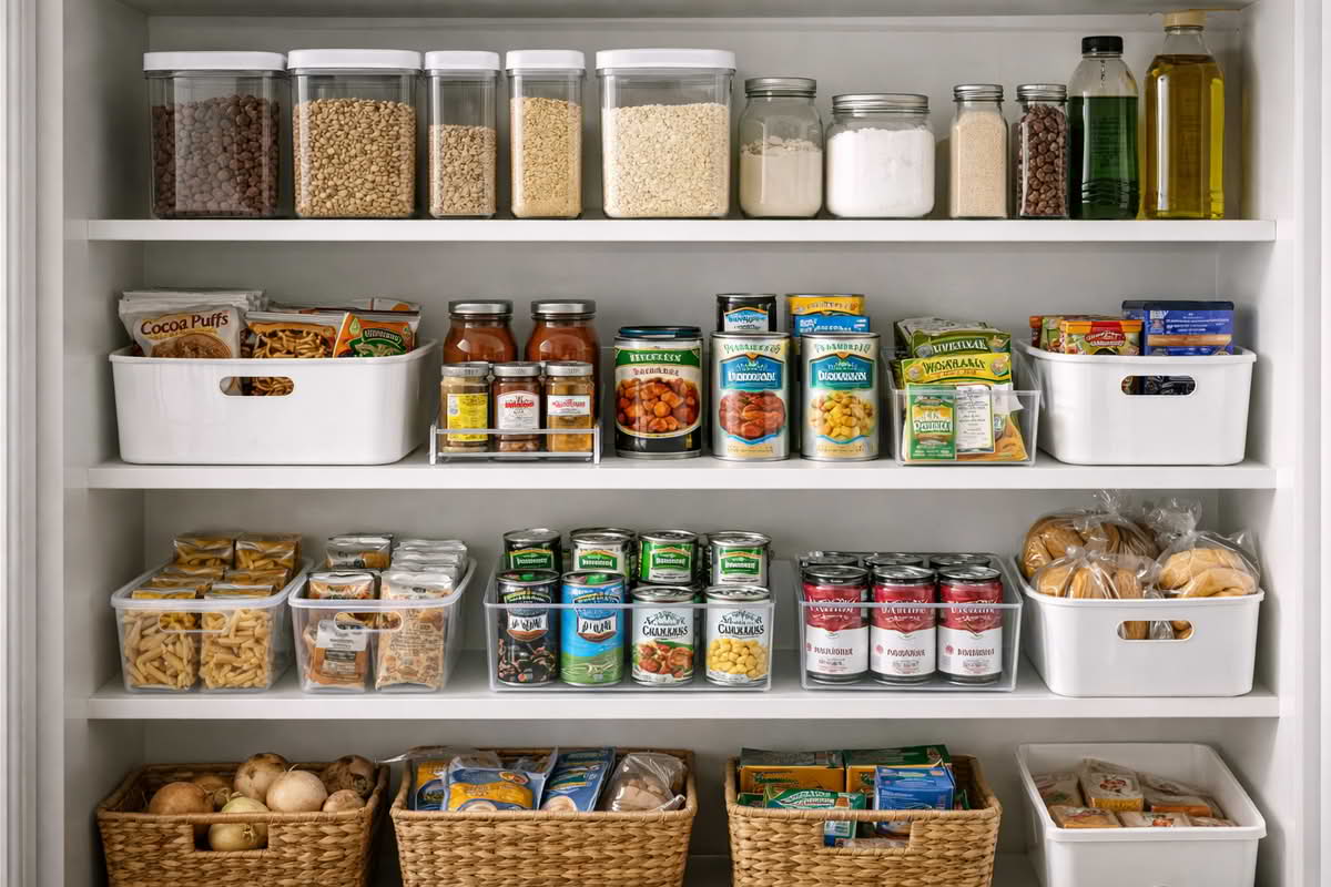 A realistic home pantry with a mix of open bins, dry-good containers, and packaged foods arranged according to shelf layout and everyday grocery categories
