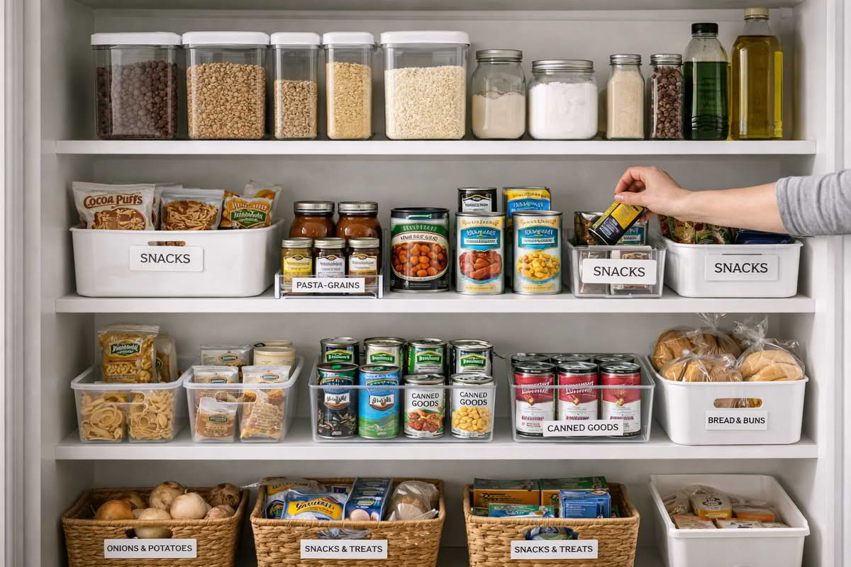 A realistic pantry with clearly grouped categories, visible labels, and an organized but lived-in setup that shows practical long-term maintenance rather than showroom styling