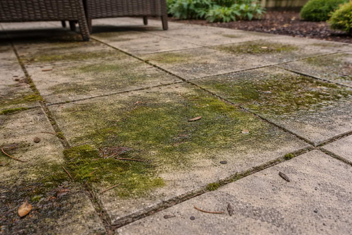 Outdoor patio surface showing algae growth and accumulated dirt