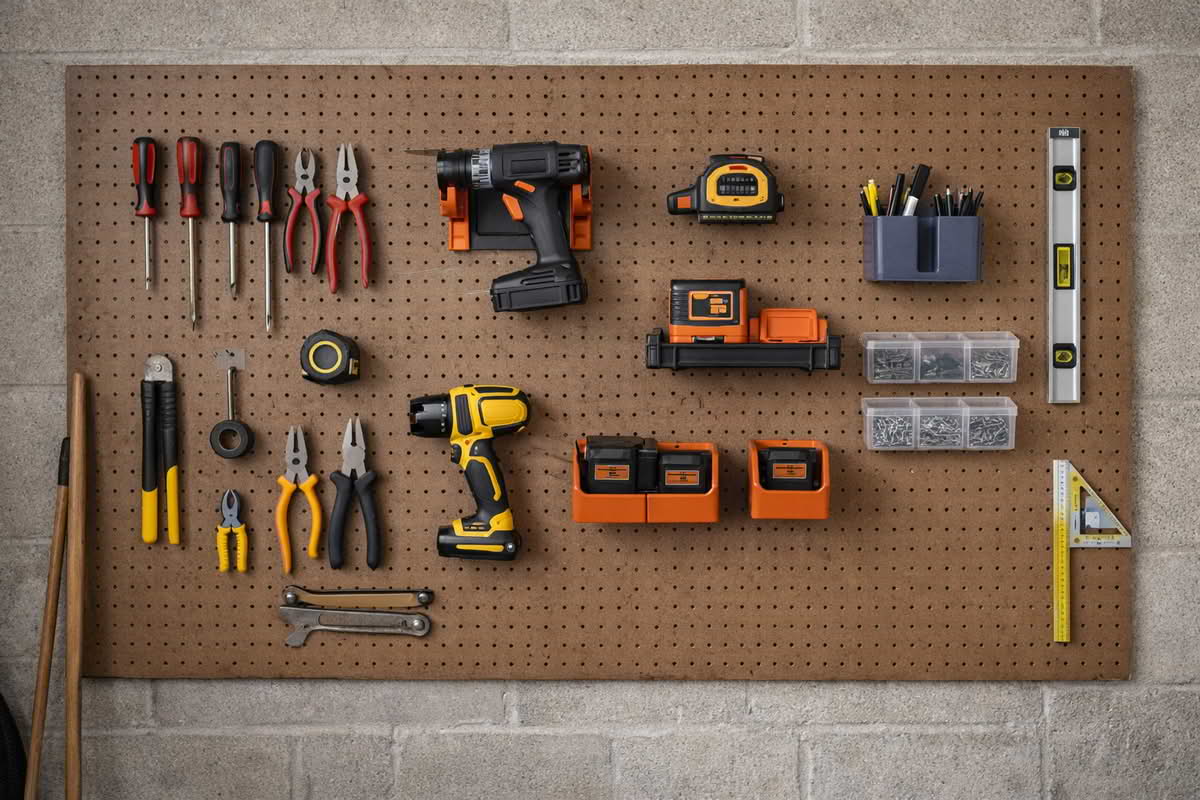 A garage wall with pegboard and wall-mounted organizers holding hand tools, measuring tools, and cordless tool accessories in a tidy layout