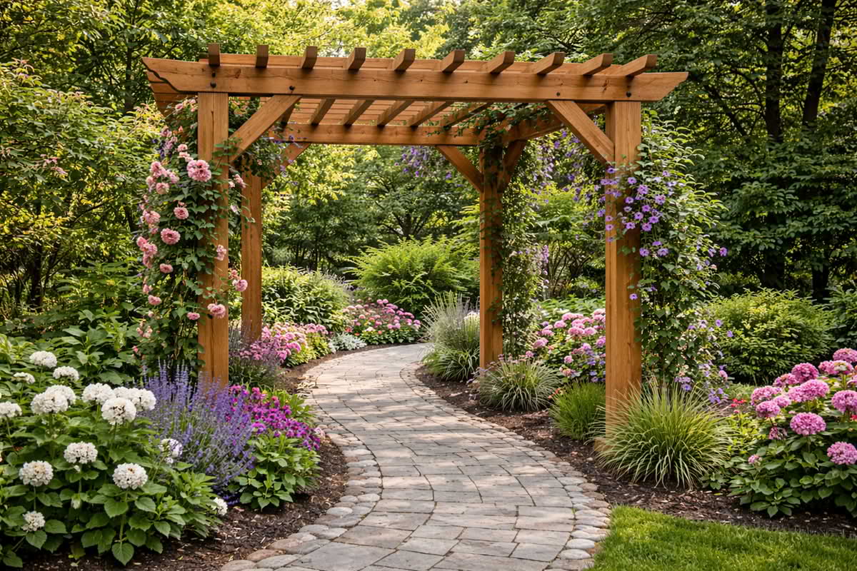 Pergola structure installed along a garden pathway with climbing plants