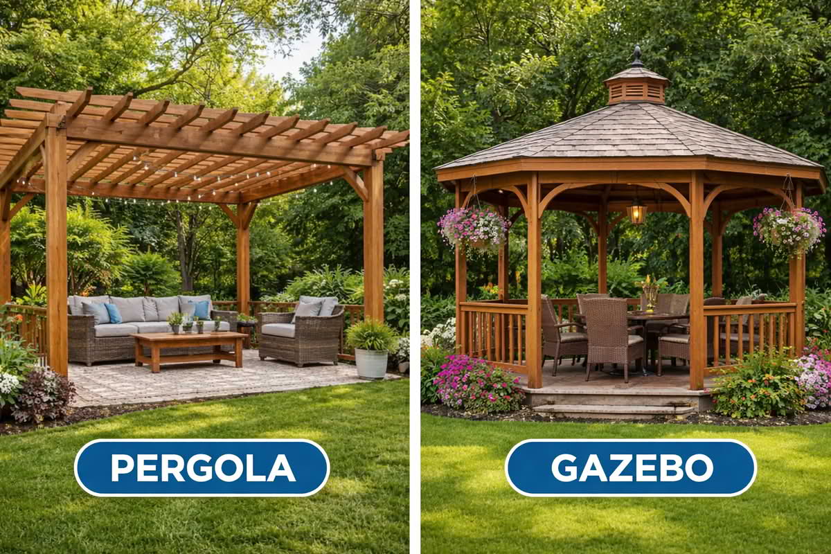 Pergola with open slatted roof compared to a gazebo with a solid roof