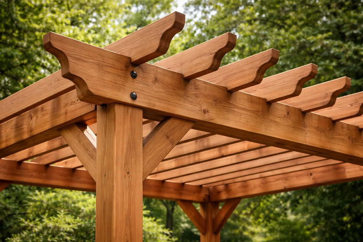 Wood pergola beam connections and structural framing detail
