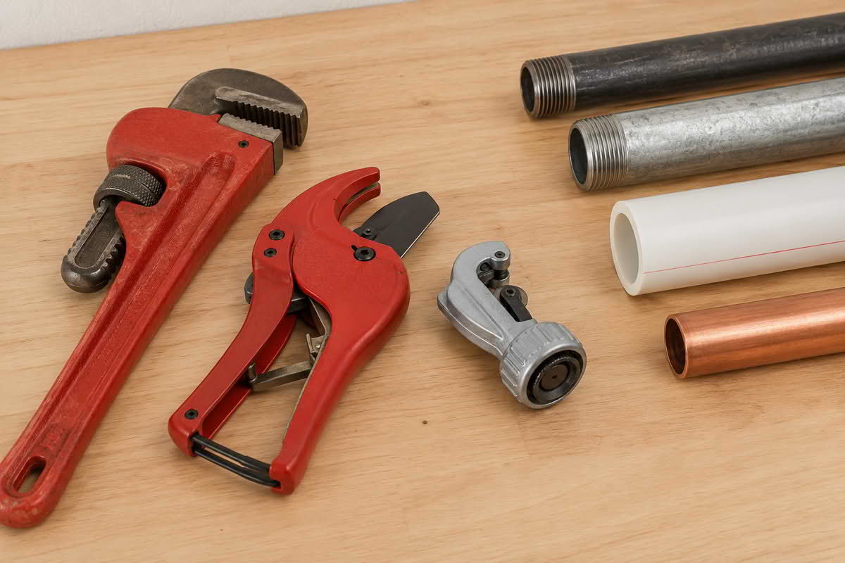 Pipe wrench, PVC cutter, and tubing cutter arranged beside metal and plastic pipe sections