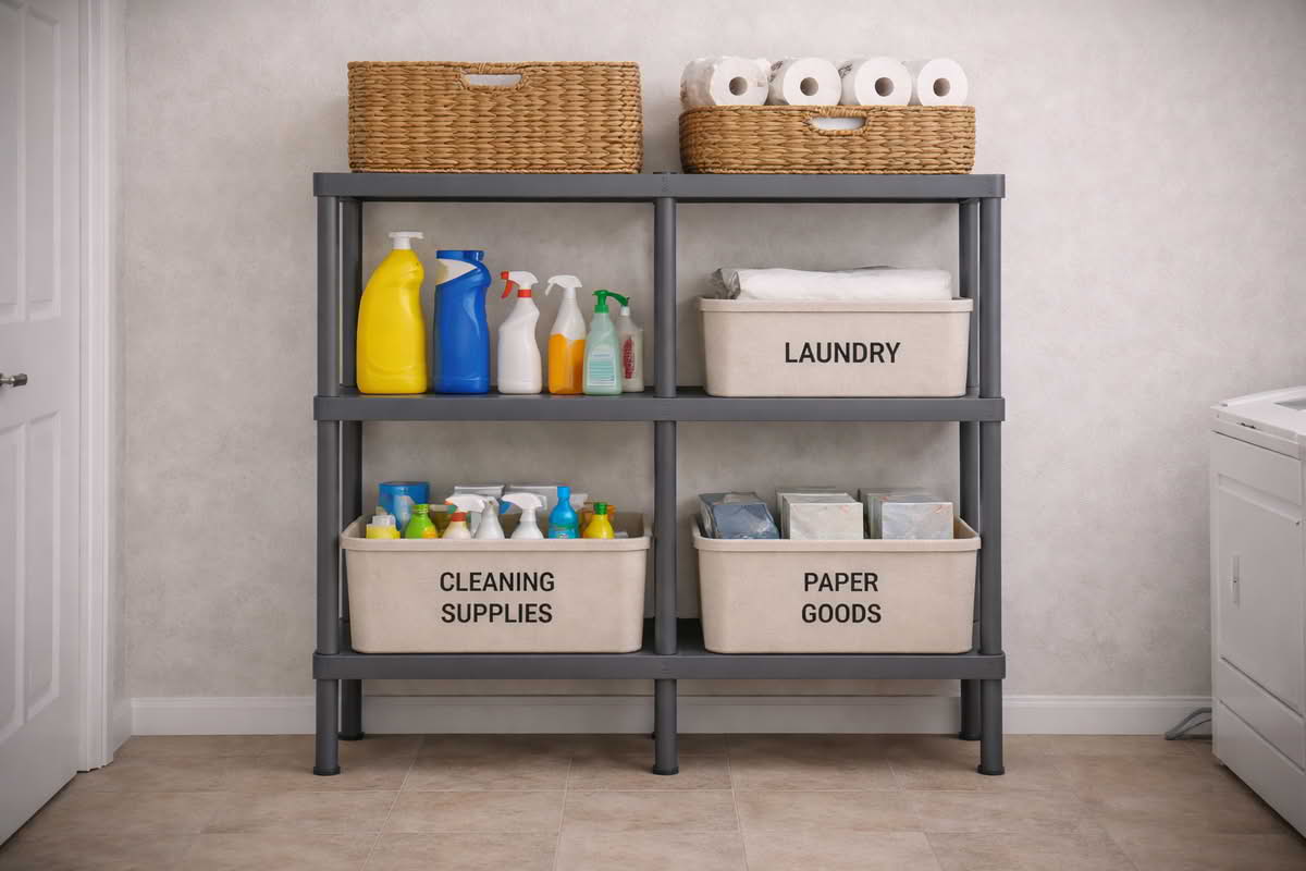 Resin shelving holding labeled bins, cleaning supplies, and paper goods with balanced shelf spacing