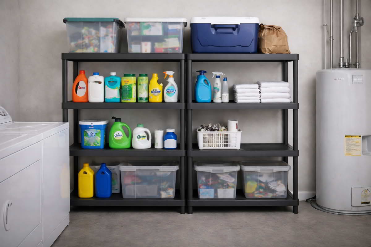 Plastic shelving used in a utility room for cleaners, laundry supplies, and household storage bins
