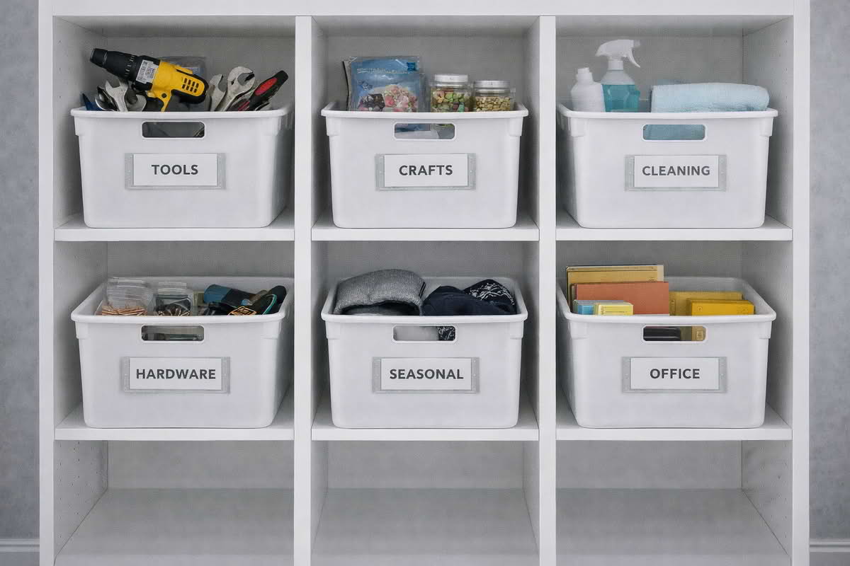 Plastic storage bins arranged on shelving with consistent sizes and labeled categories
