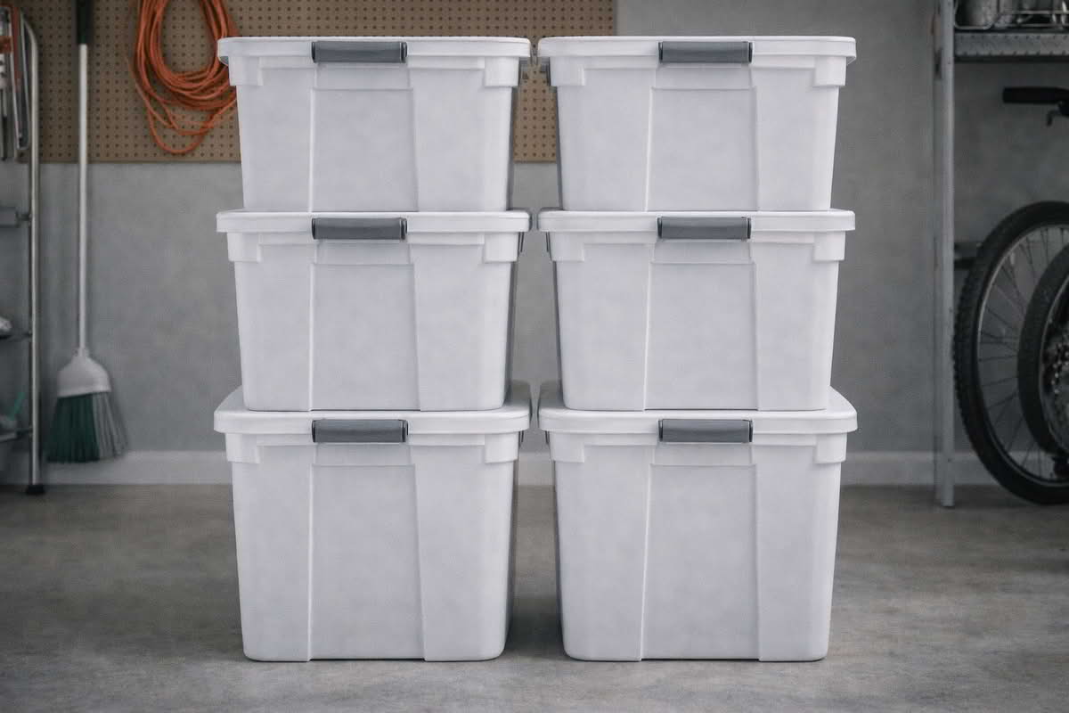 Stacked plastic storage bins with secure lids and even spacing in a garage storage area