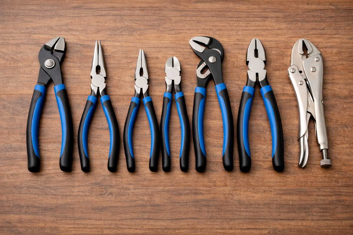Several types of pliers arranged side by side, including slip-joint pliers, needle-nose pliers, groove-joint pliers, and locking pliers
