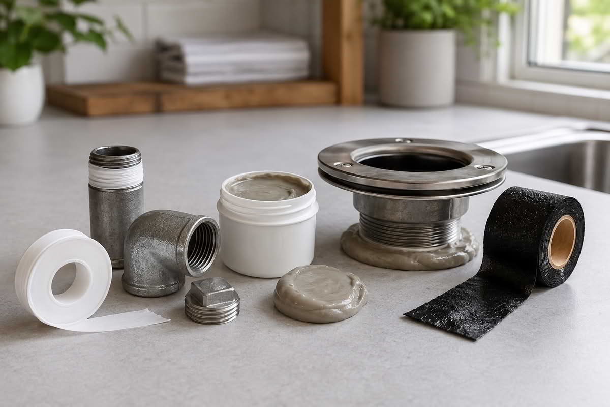 Plumbing tape, thread sealant, plumbers putty, and silicone repair tape arranged beside pipe fittings and a sink drain flange