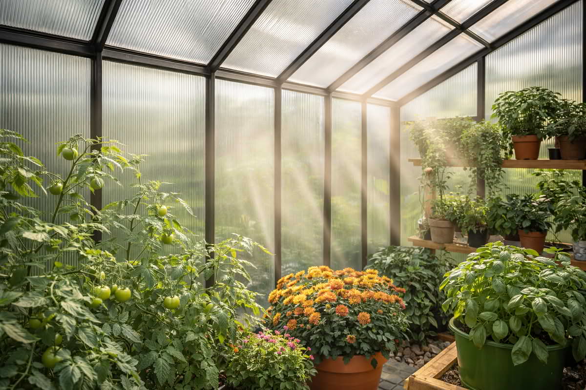Polycarbonate greenhouse panels diffusing sunlight across interior plants