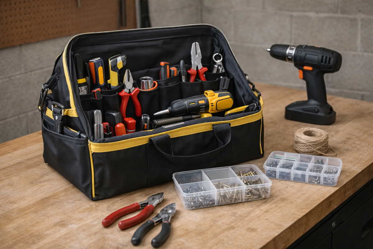 A portable tool storage bag opened on a work surface with hand tools, a drill, and small organizers arranged for home repair use