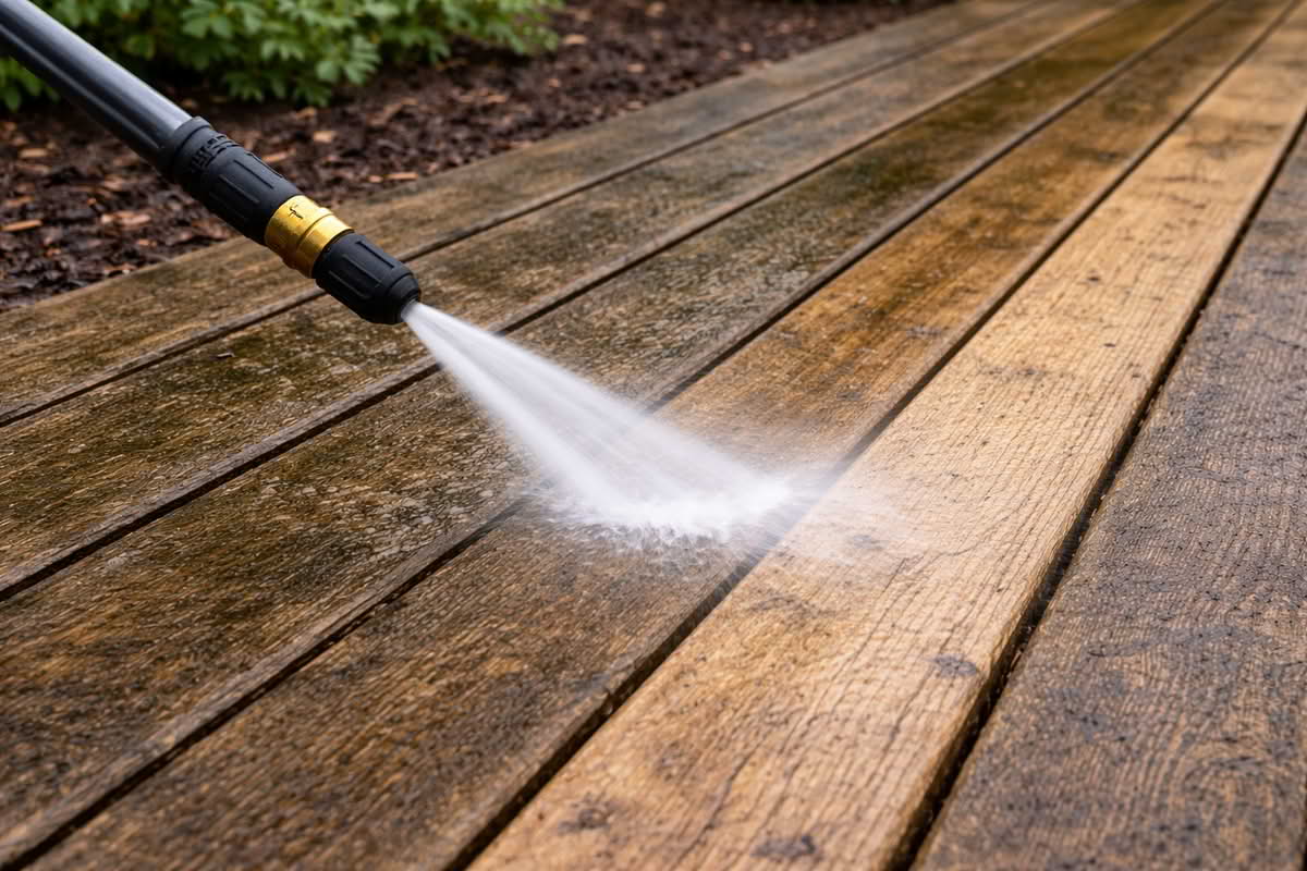 Pressure washer cleaning wooden deck boards with controlled spray angle
