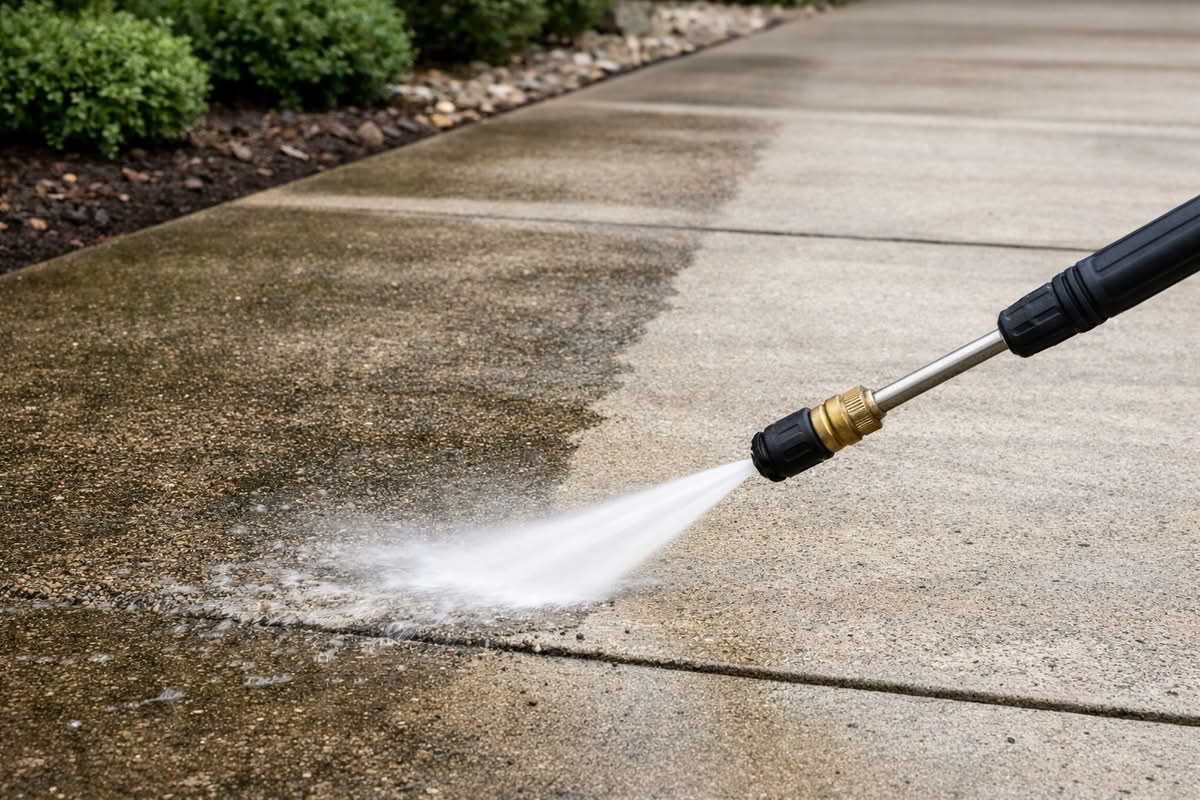Pressure washer cleaning a concrete driveway removing dirt and stains