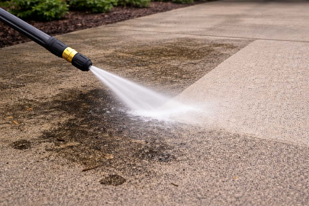 Pressure washer cleaning concrete driveway surface