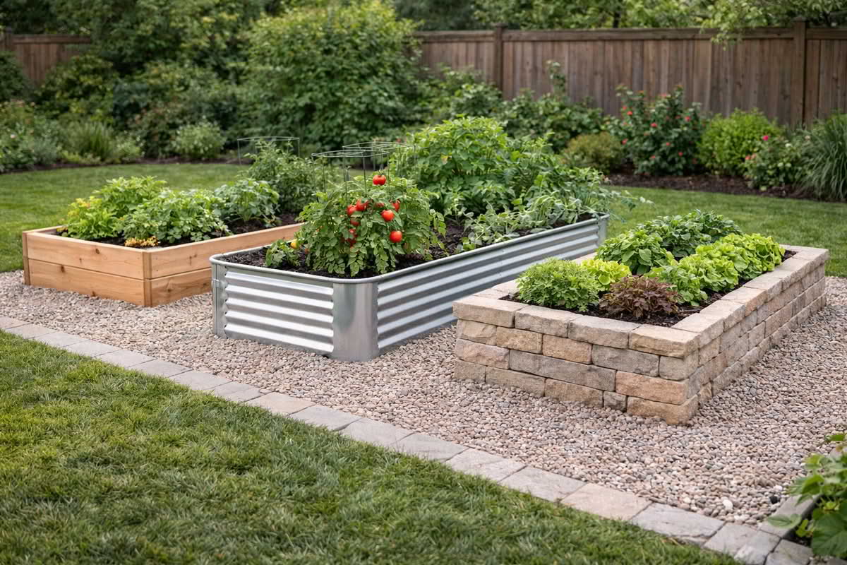 raised garden beds built from wood metal and stone materials
